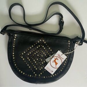 Ashwood Genuine Leather Studded Black Crossbody Bag Boho Saddle Hobo NWT